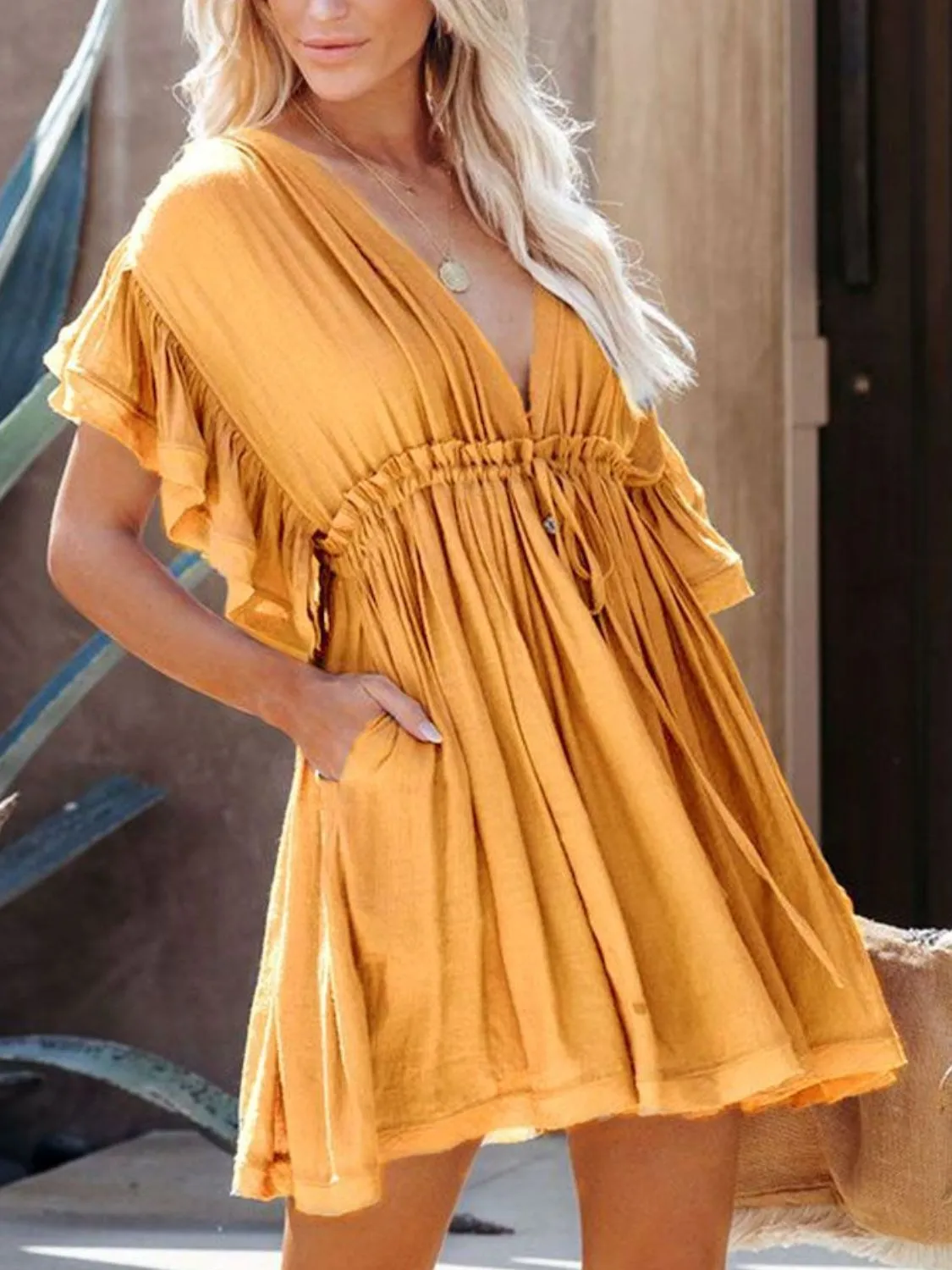 Hazel Blues® |  Drawstring Ruffled Half Sleeve Mini Dress