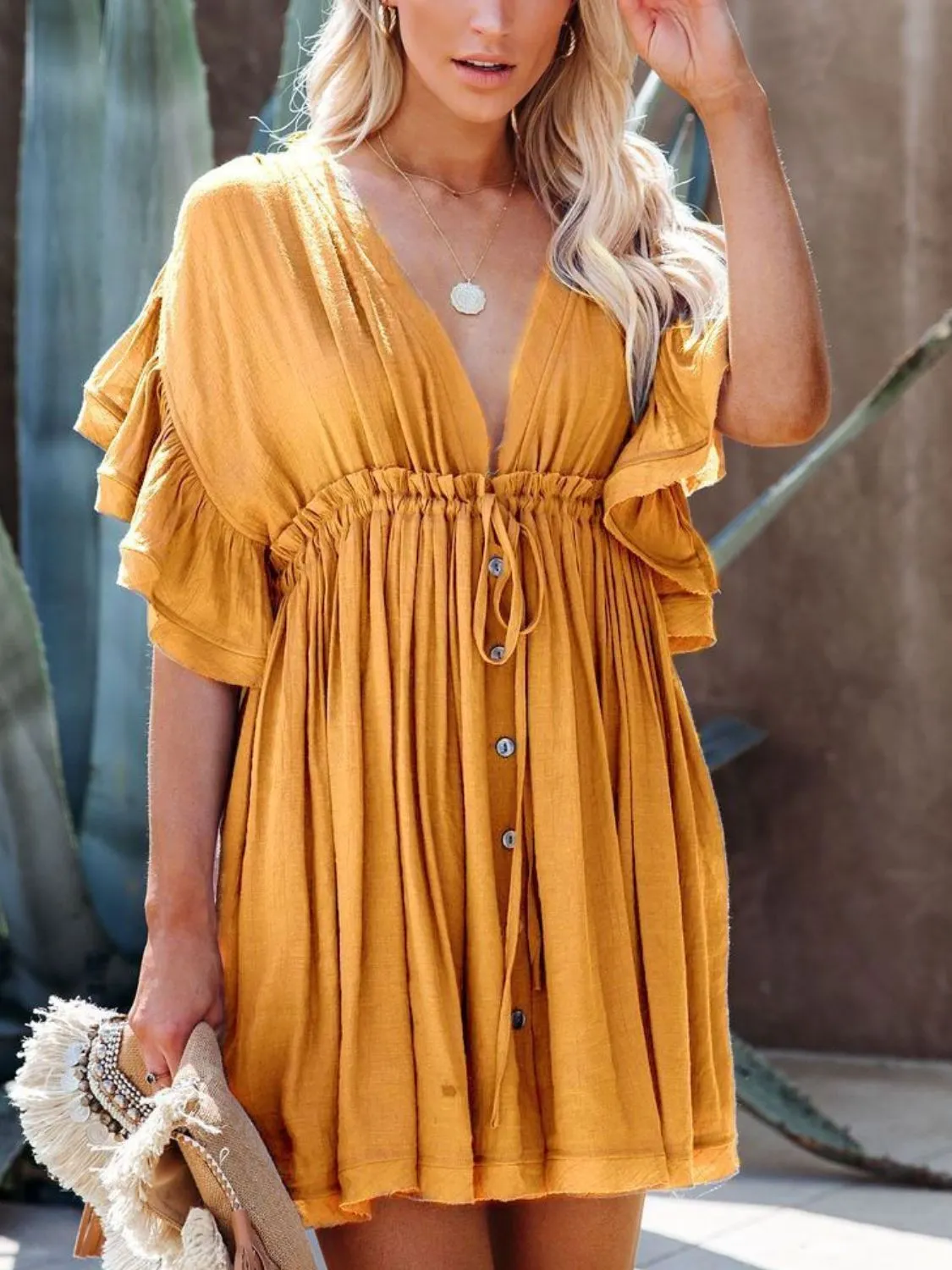 Hazel Blues® |  Drawstring Ruffled Half Sleeve Mini Dress
