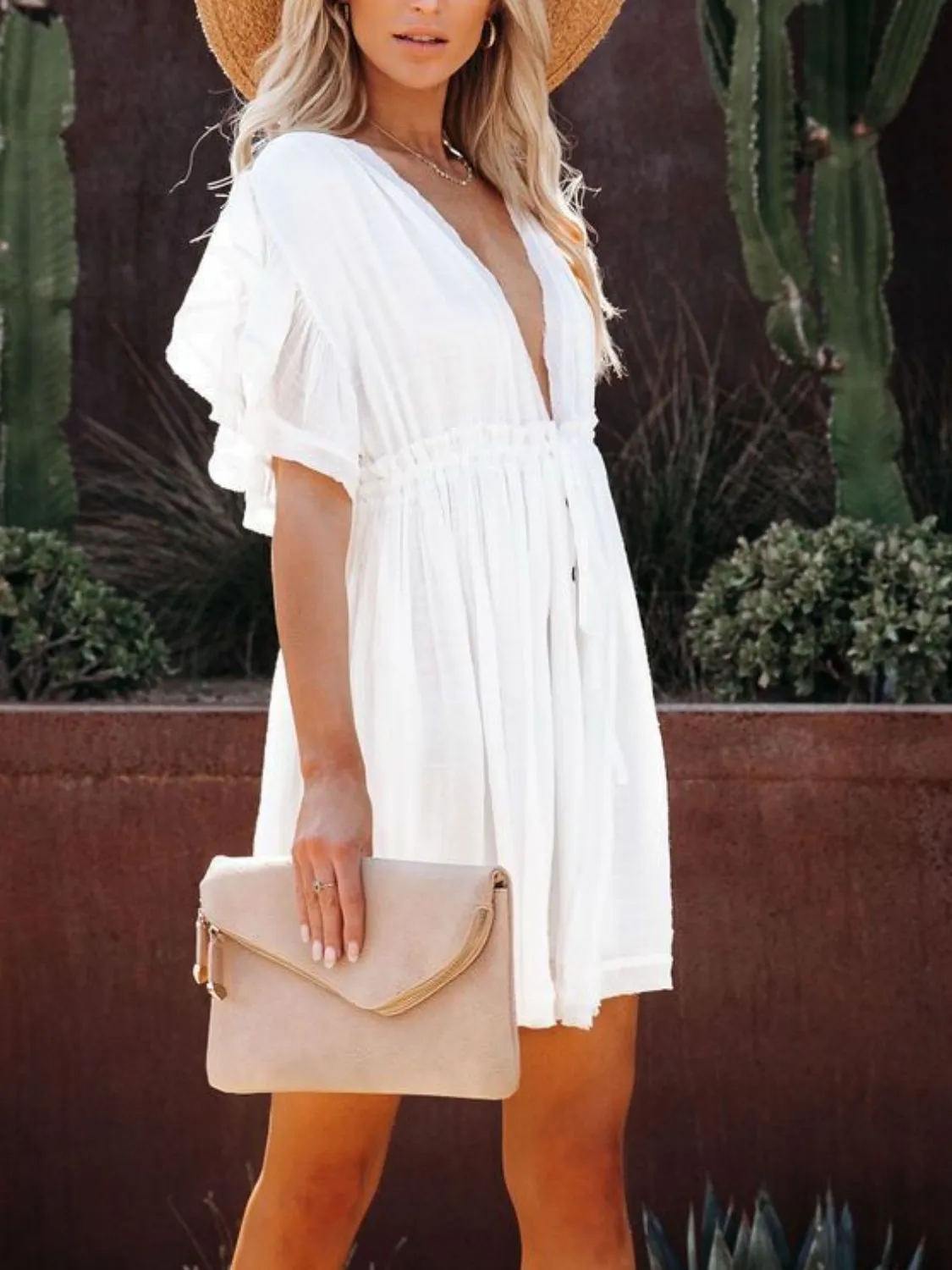 Hazel Blues® |  Drawstring Ruffled Half Sleeve Mini Dress