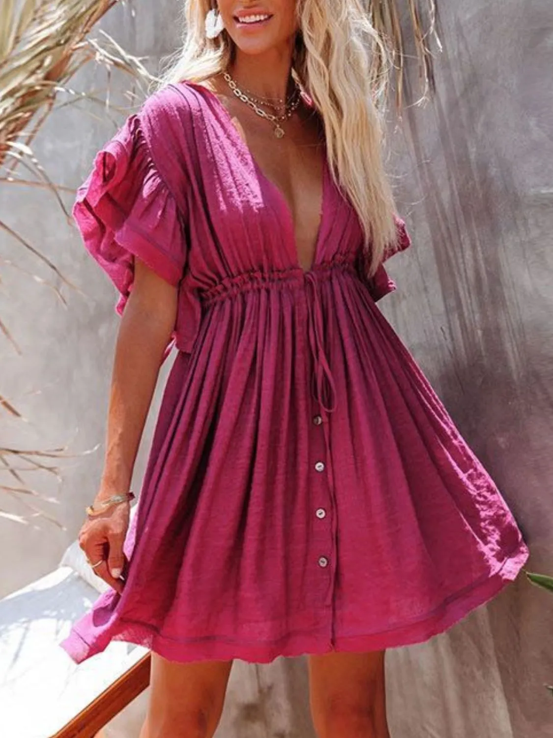 Hazel Blues® |  Drawstring Ruffled Half Sleeve Mini Dress