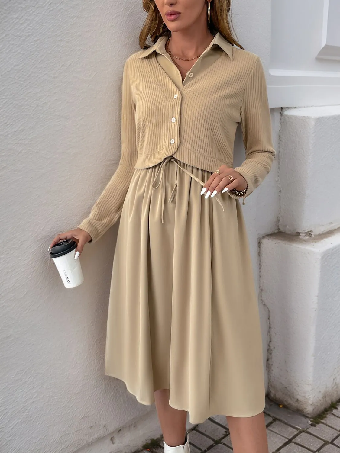 Hazel Blues® |  Perfee Fake Two Piece Collared Neck Long Sleeve Midi Dress
