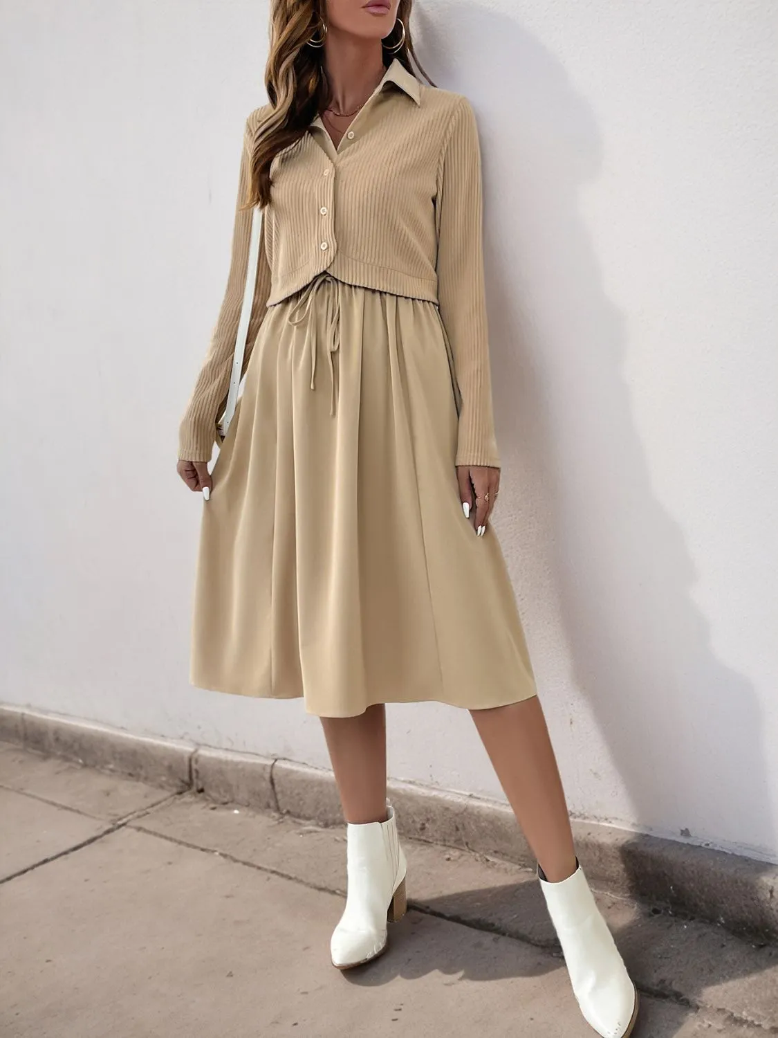 Hazel Blues® |  Perfee Fake Two Piece Collared Neck Long Sleeve Midi Dress