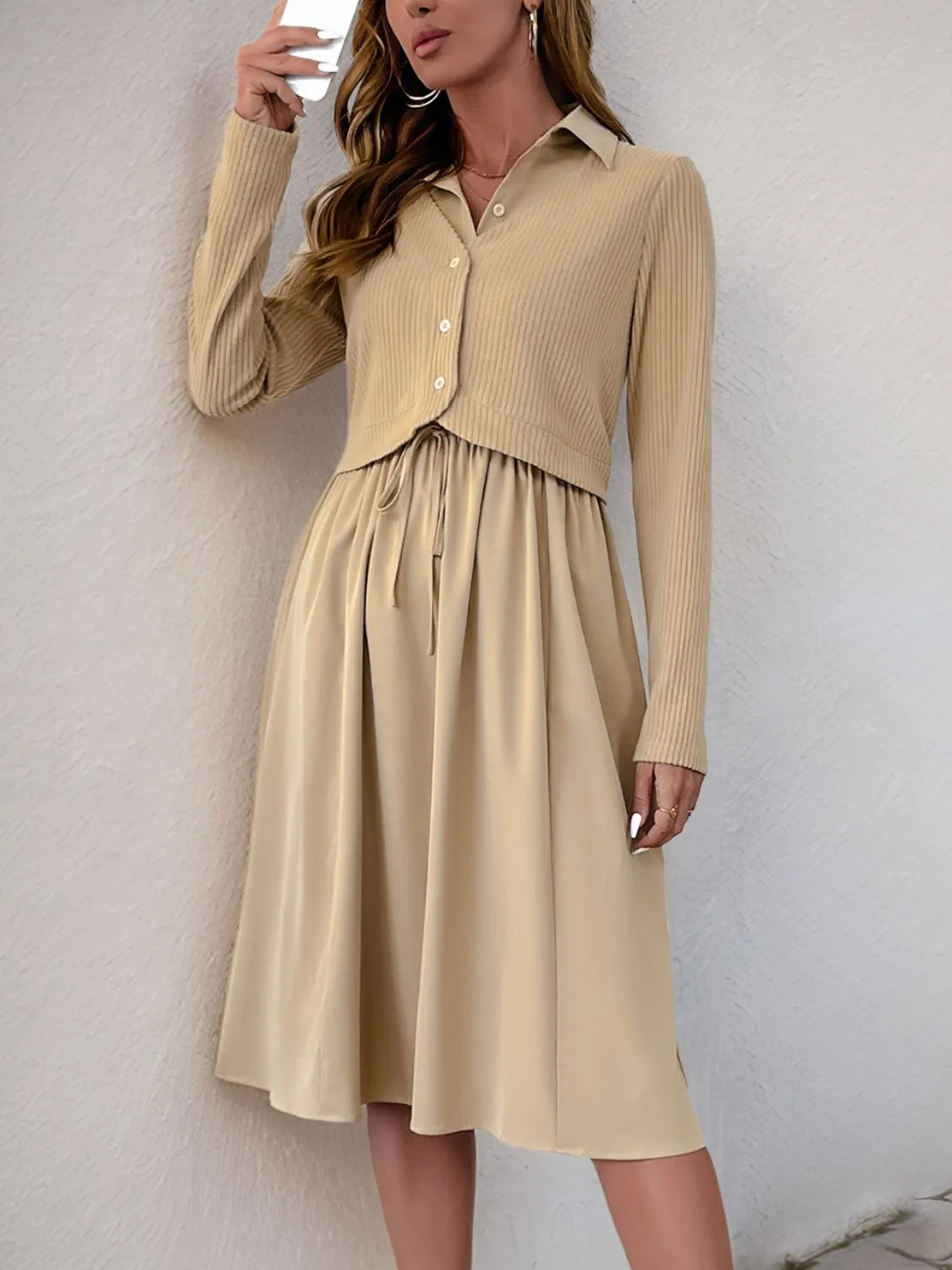 Hazel Blues® |  Perfee Fake Two Piece Collared Neck Long Sleeve Midi Dress