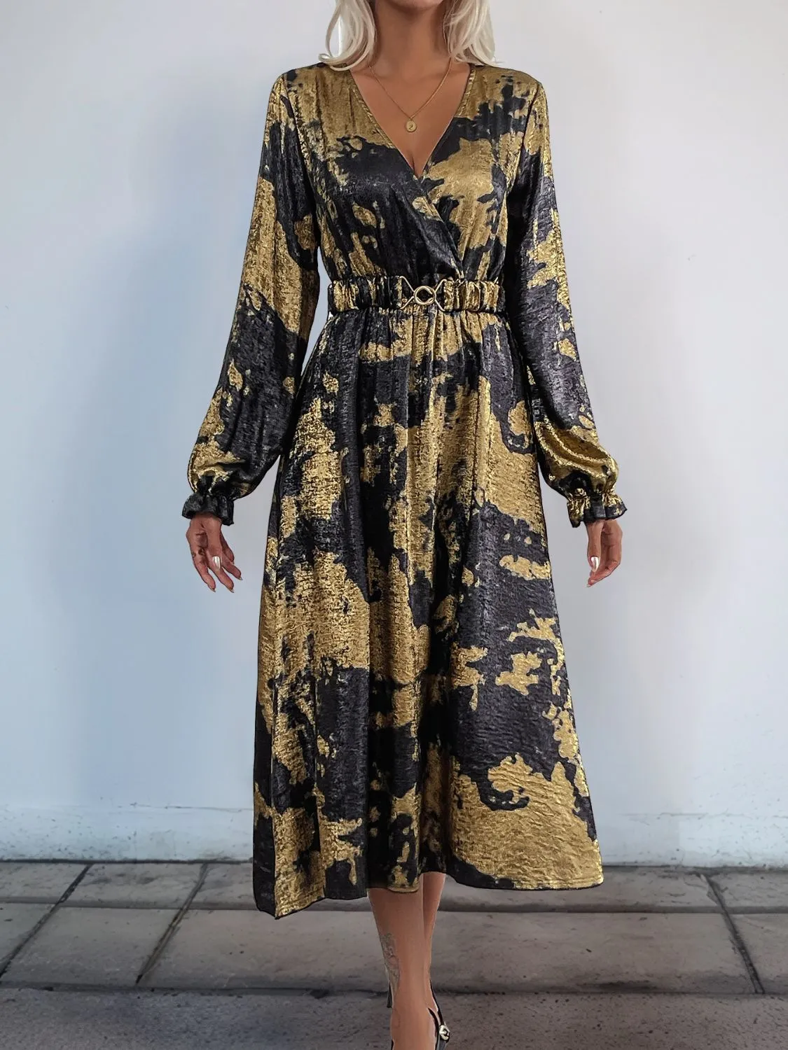 Hazel Blues® |  Perfee Printed Surplice Long Sleeve Midi Dress