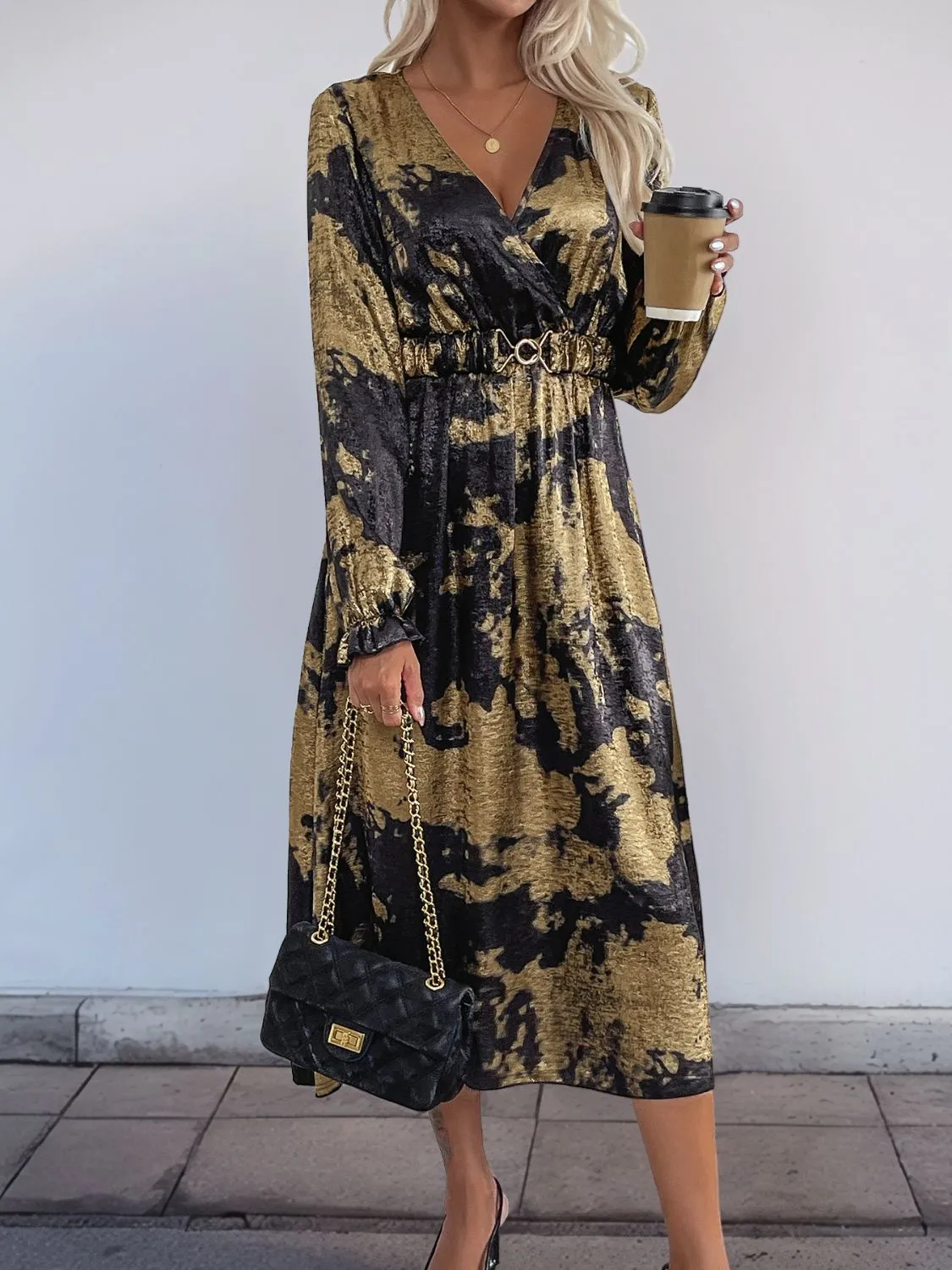 Hazel Blues® |  Perfee Printed Surplice Long Sleeve Midi Dress