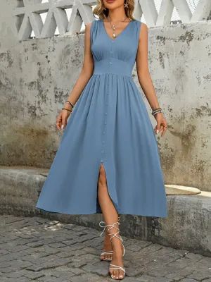 Hazel Blues® |  Perfee Ruched Decor Button Slit Sleeveless Midi Dress