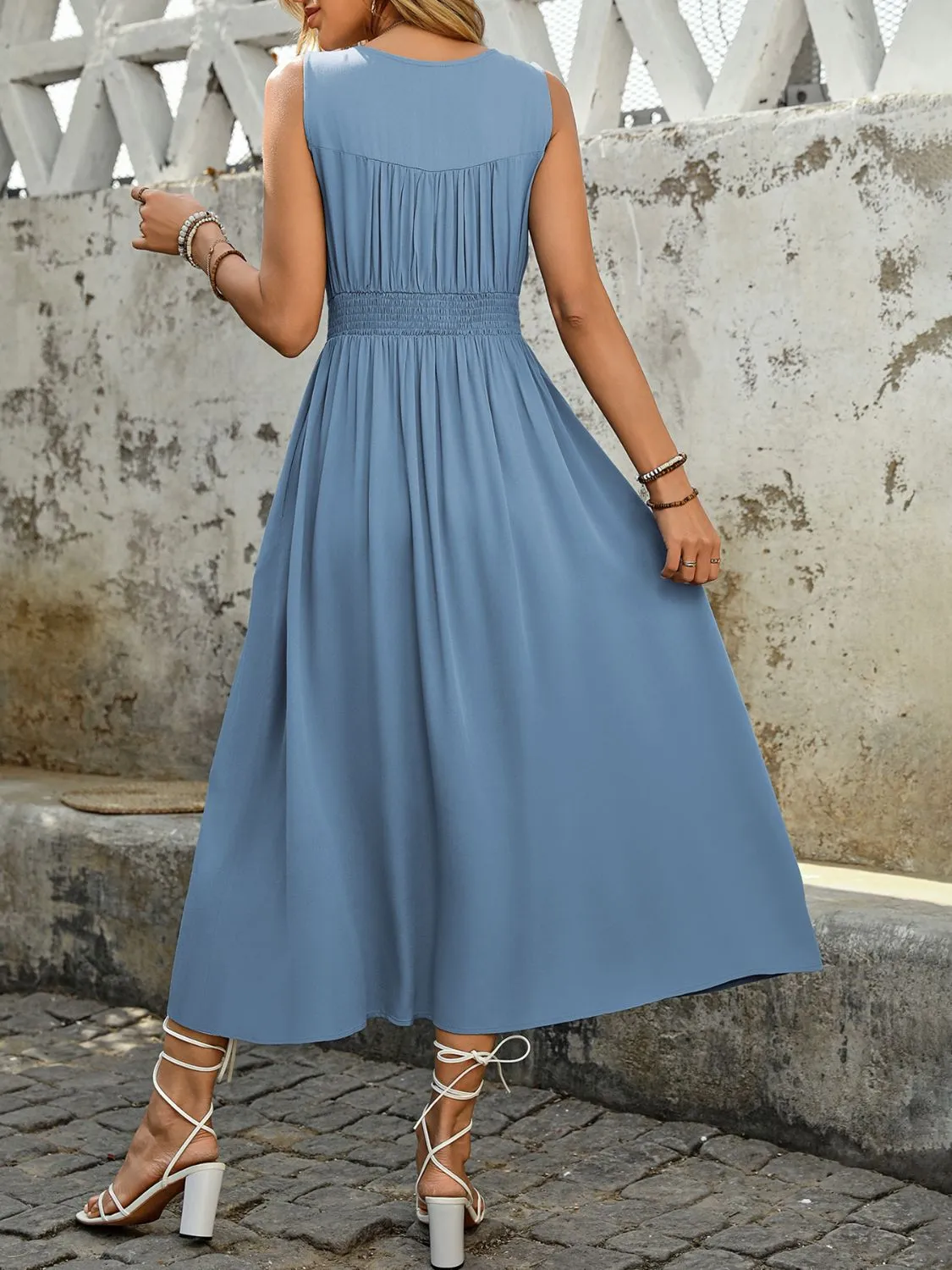 Hazel Blues® |  Perfee Ruched Decor Button Slit Sleeveless Midi Dress