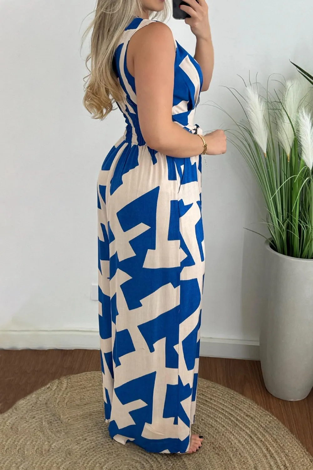 Hazel Blues® |  Printed Surplice Sleeveless Tie Waist Jumpsuit