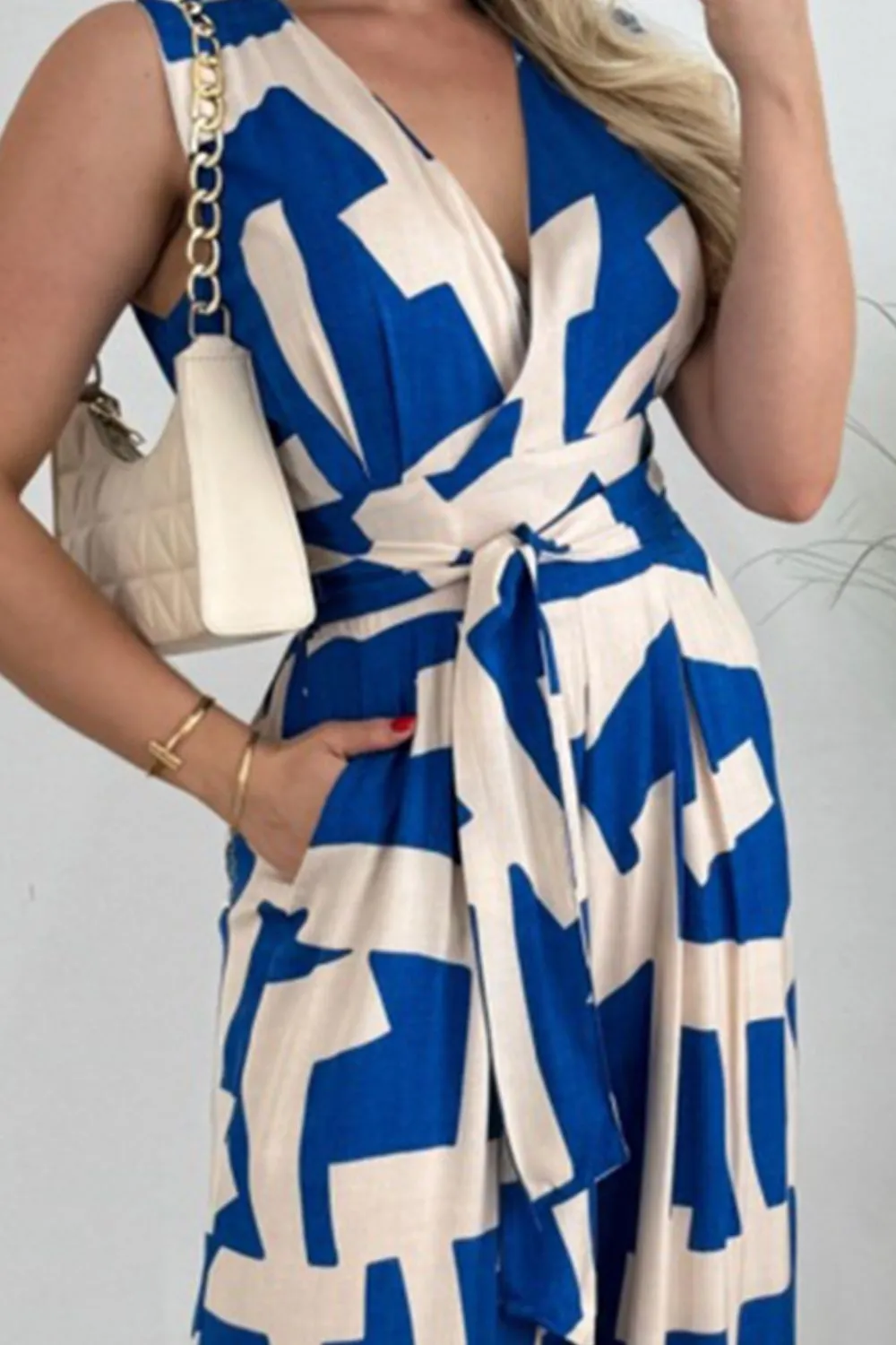 Hazel Blues® |  Printed Surplice Sleeveless Tie Waist Jumpsuit