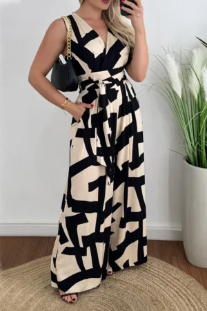 Hazel Blues® |  Printed Surplice Sleeveless Tie Waist Jumpsuit
