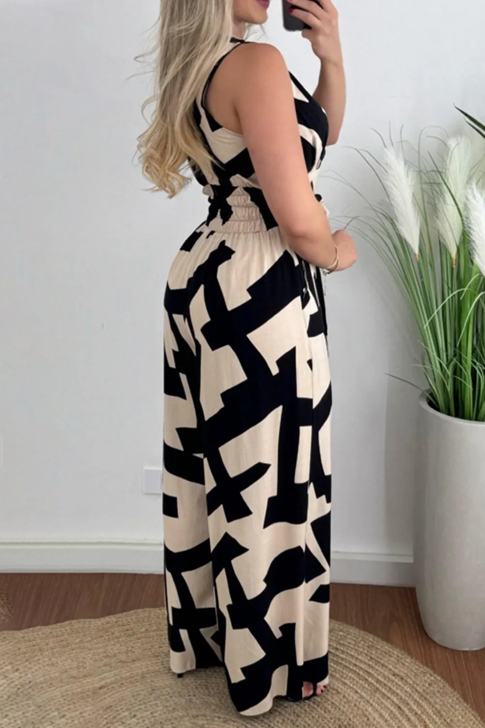 Hazel Blues® |  Printed Surplice Sleeveless Tie Waist Jumpsuit