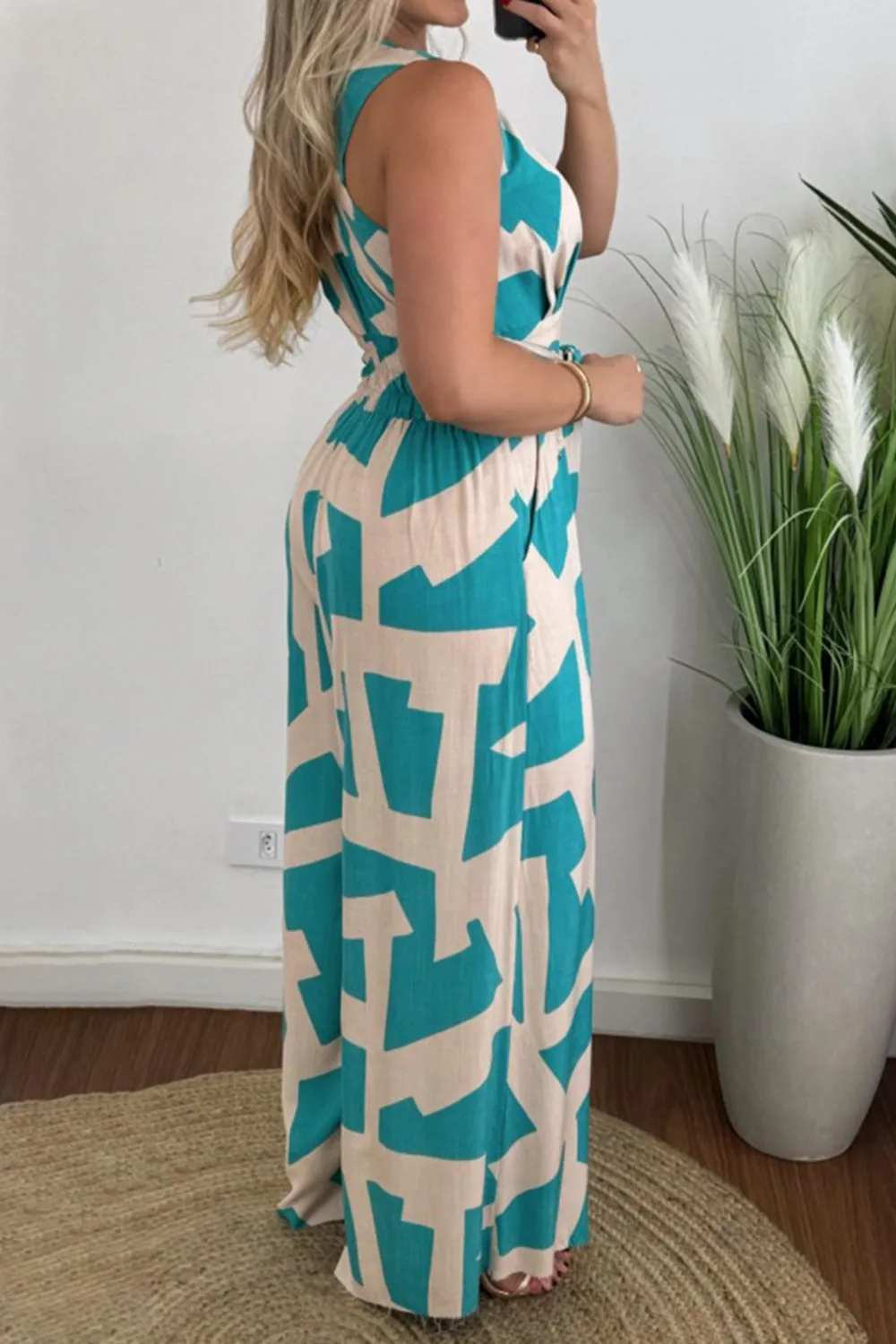 Hazel Blues® |  Printed Surplice Sleeveless Tie Waist Jumpsuit