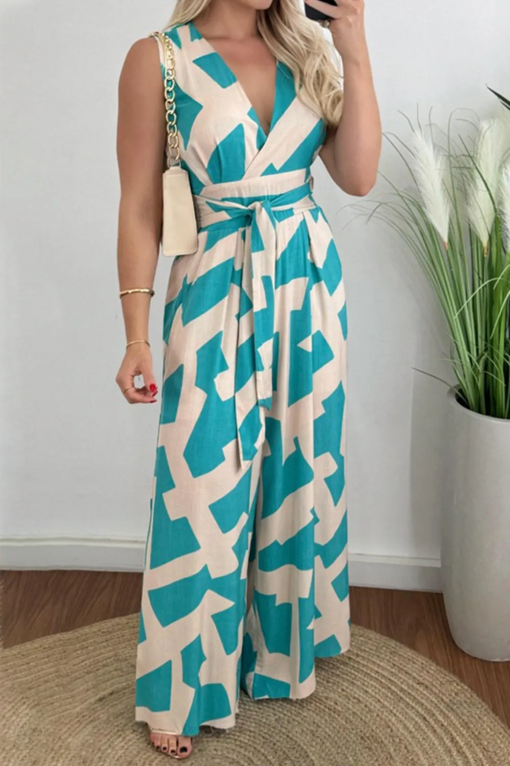 Hazel Blues® |  Printed Surplice Sleeveless Tie Waist Jumpsuit
