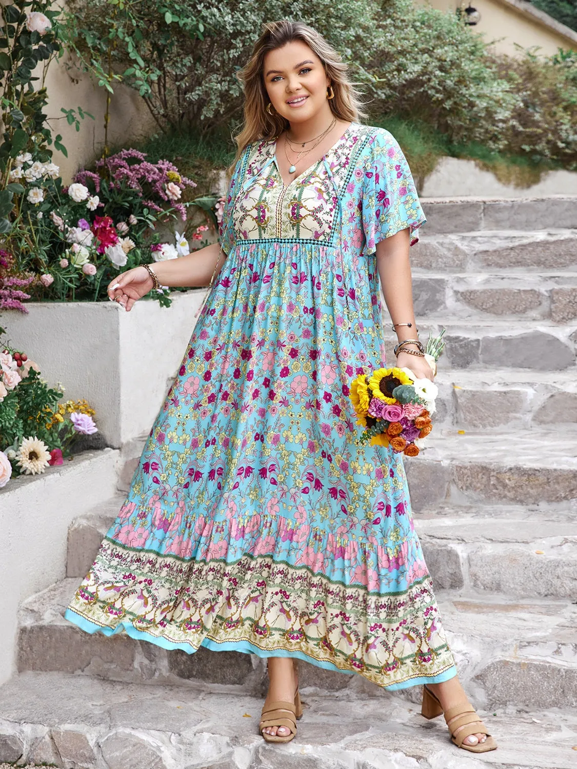 Hazel Blues® | Printed Tie Neck Flutter Sleeve Maxi Dress