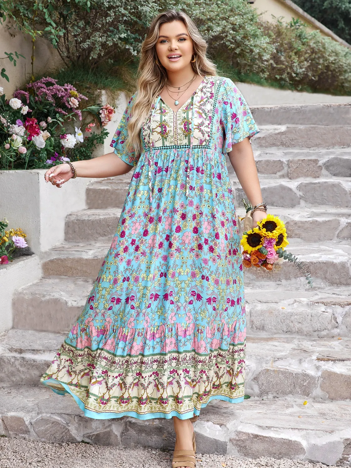 Hazel Blues® | Printed Tie Neck Flutter Sleeve Maxi Dress