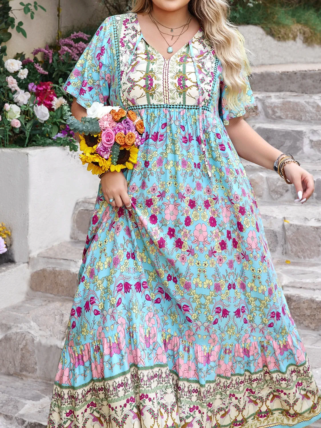 Hazel Blues® | Printed Tie Neck Flutter Sleeve Maxi Dress