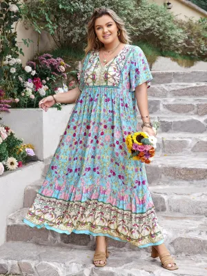Hazel Blues® | Printed Tie Neck Flutter Sleeve Maxi Dress