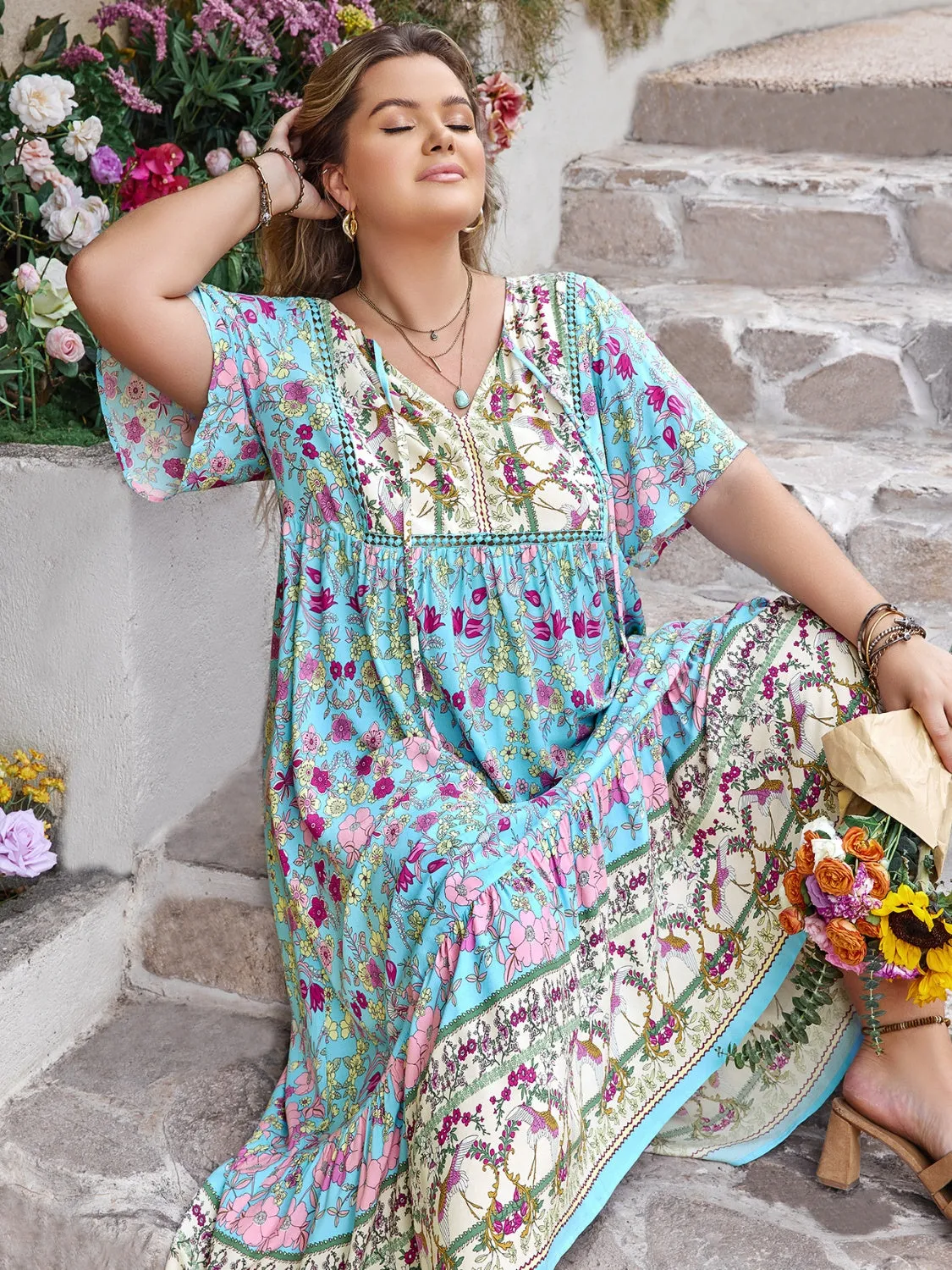 Hazel Blues® | Printed Tie Neck Flutter Sleeve Maxi Dress