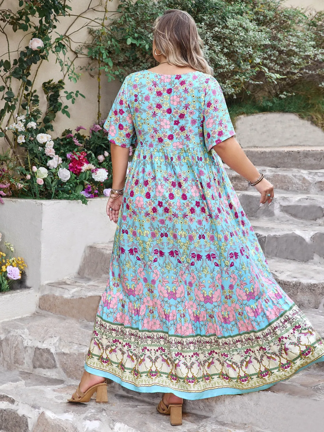 Hazel Blues® | Printed Tie Neck Flutter Sleeve Maxi Dress