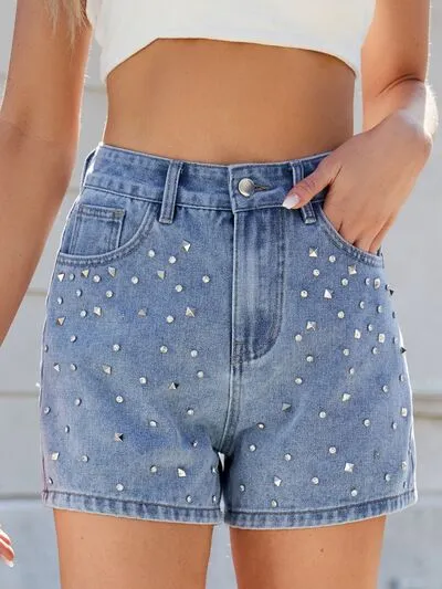 Hazel Blues® |  Rhinestone Washed High Waist Denim Shorts