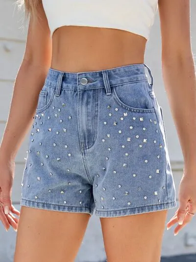 Hazel Blues® |  Rhinestone Washed High Waist Denim Shorts