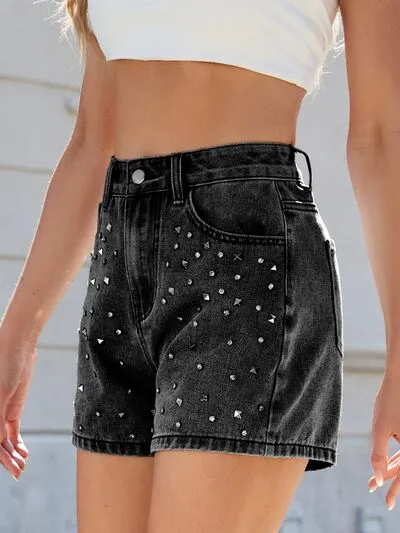 Hazel Blues® |  Rhinestone Washed High Waist Denim Shorts