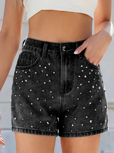 Hazel Blues® |  Rhinestone Washed High Waist Denim Shorts
