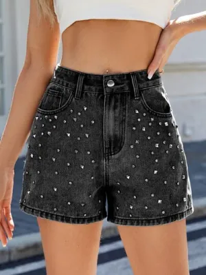 Hazel Blues® |  Rhinestone Washed High Waist Denim Shorts