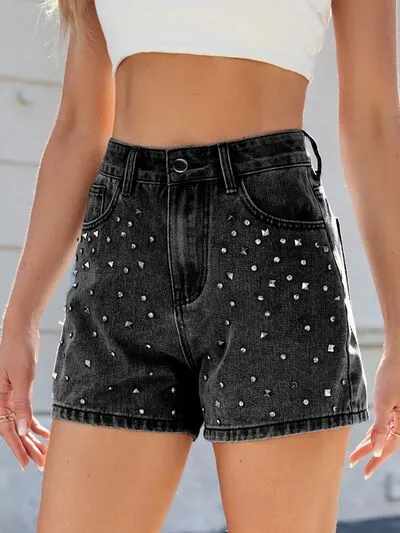 Hazel Blues® |  Rhinestone Washed High Waist Denim Shorts