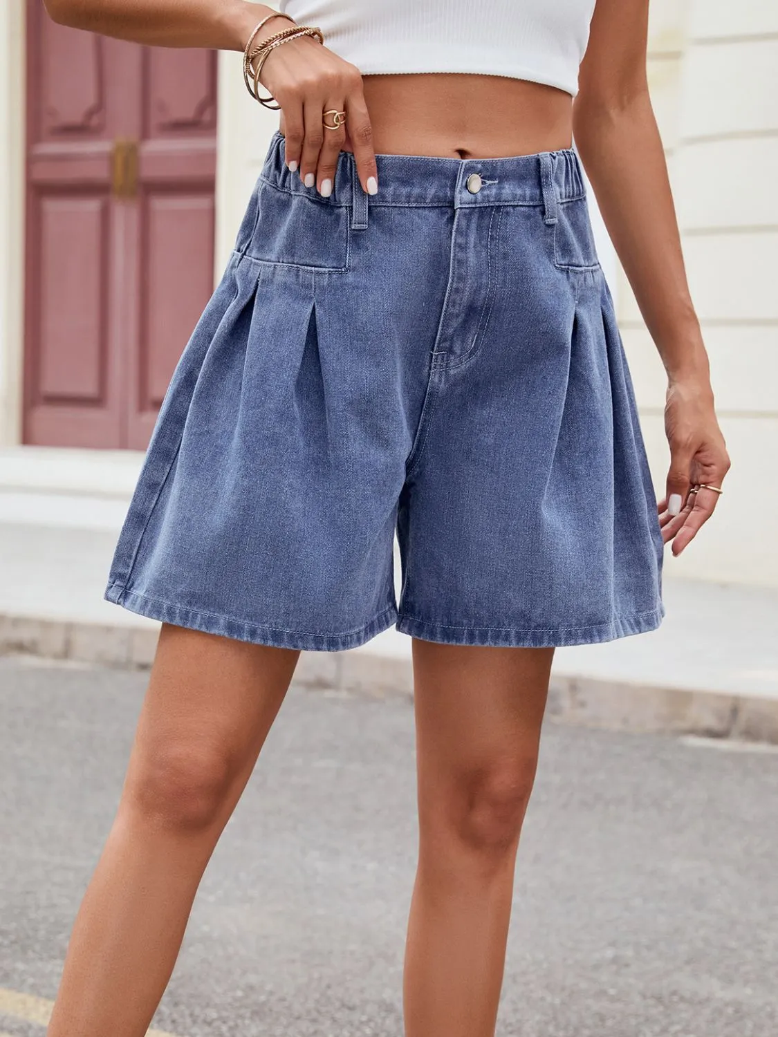 Hazel Blues® |  Ruched Half Elastic Waist Denim Shorts