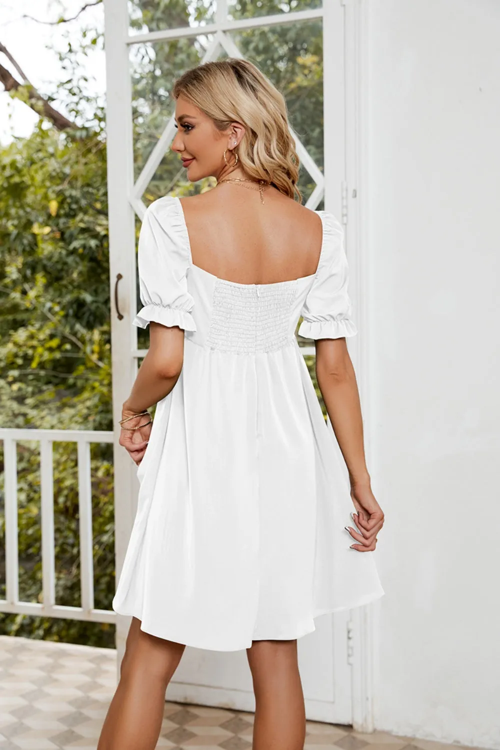 Hazel Blues® |  Ruched Square Neck Flounce Sleeve Mini Dress