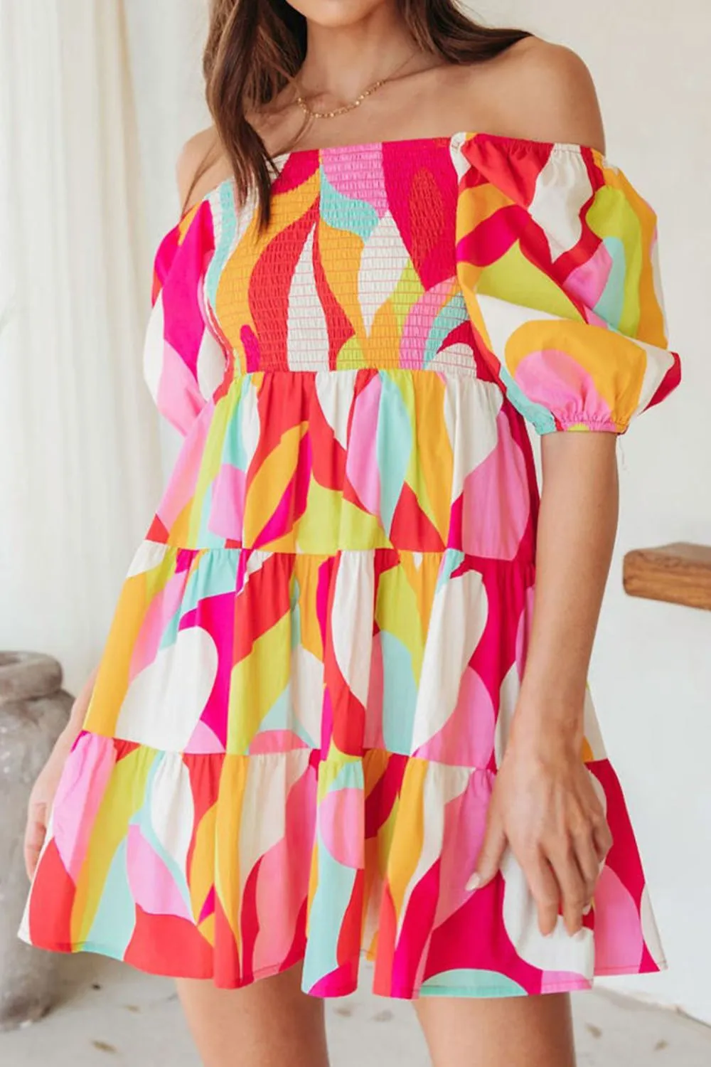Hazel Blues® |  Smocked Printed Puff Sleeve Mini Dress