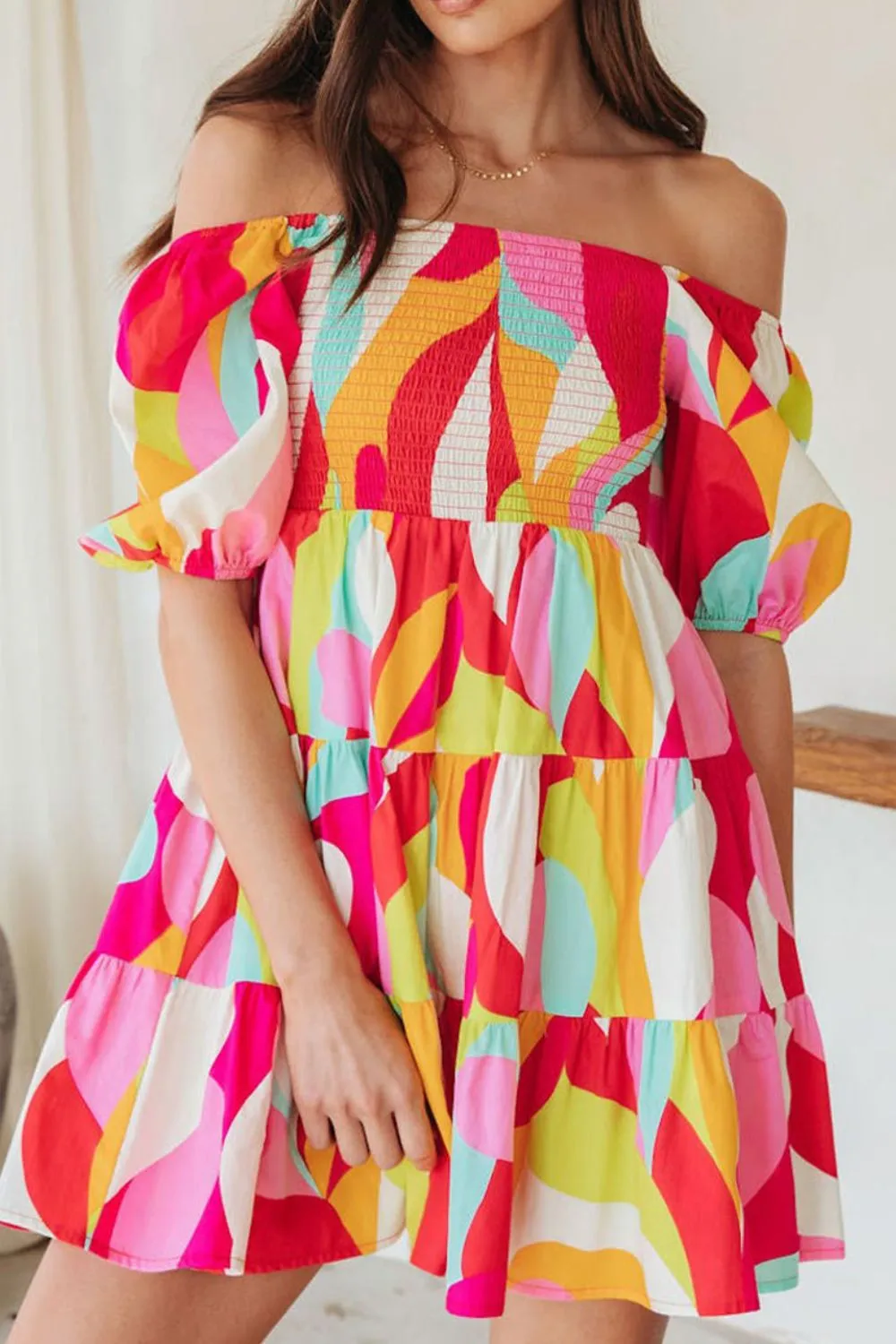 Hazel Blues® |  Smocked Printed Puff Sleeve Mini Dress
