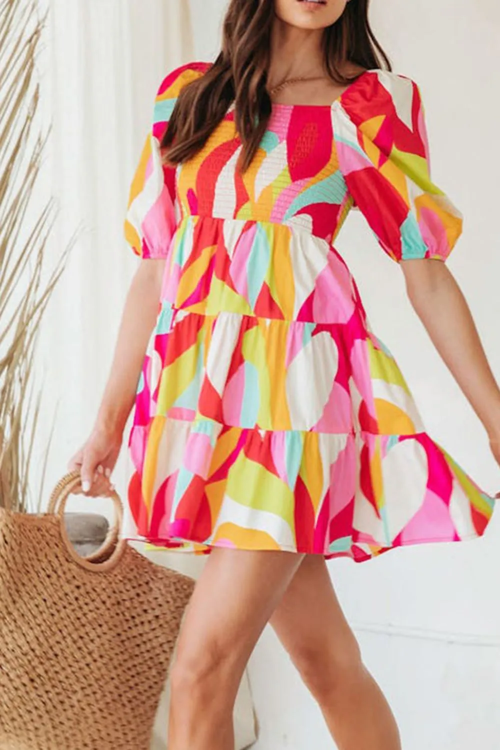 Hazel Blues® |  Smocked Printed Puff Sleeve Mini Dress