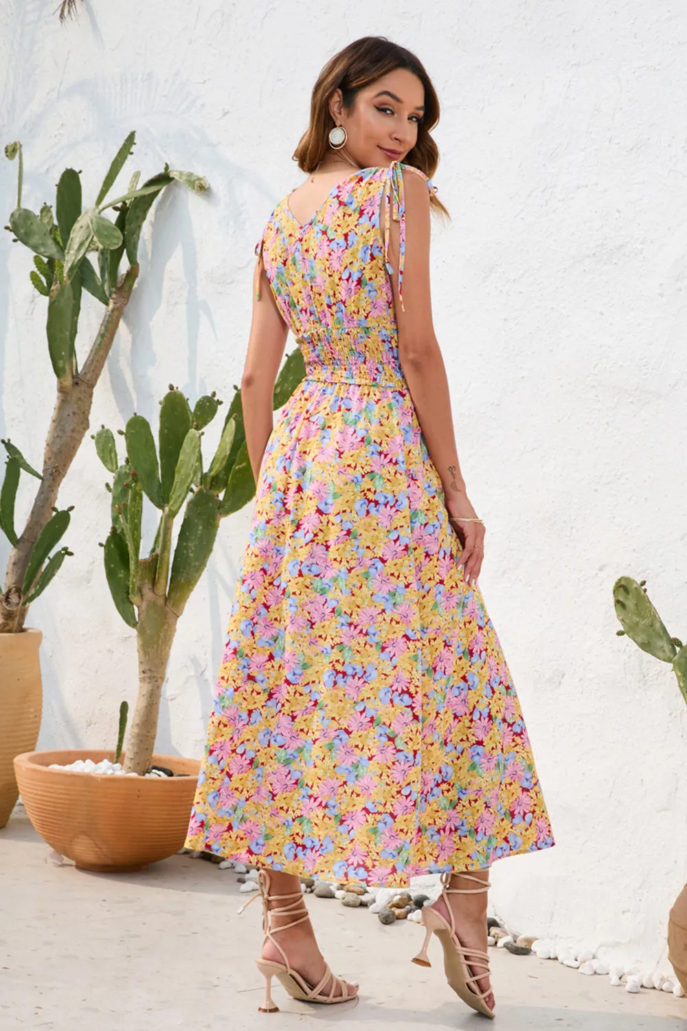 Hazel Blues® |  Smocked Printed Surplice Sleeveless Dress