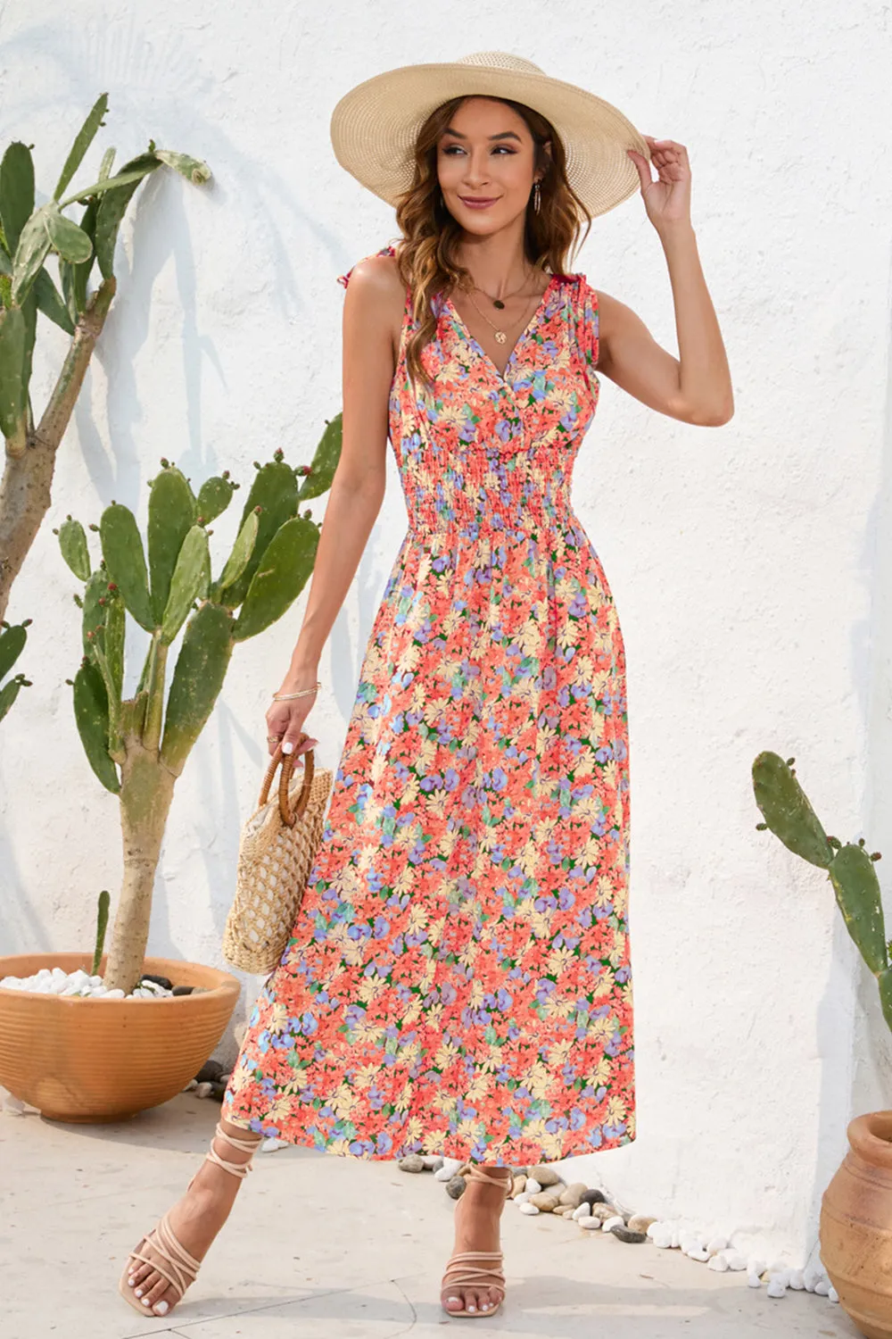 Hazel Blues® |  Smocked Printed Surplice Sleeveless Dress