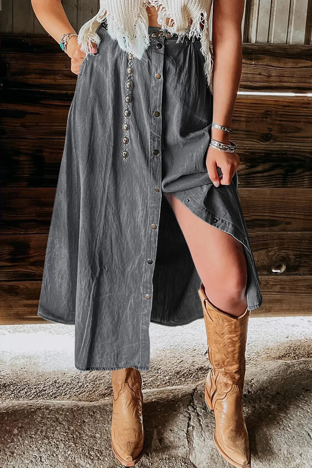 Hazel Blues® |  Snap Down High Waist Denim Skirt