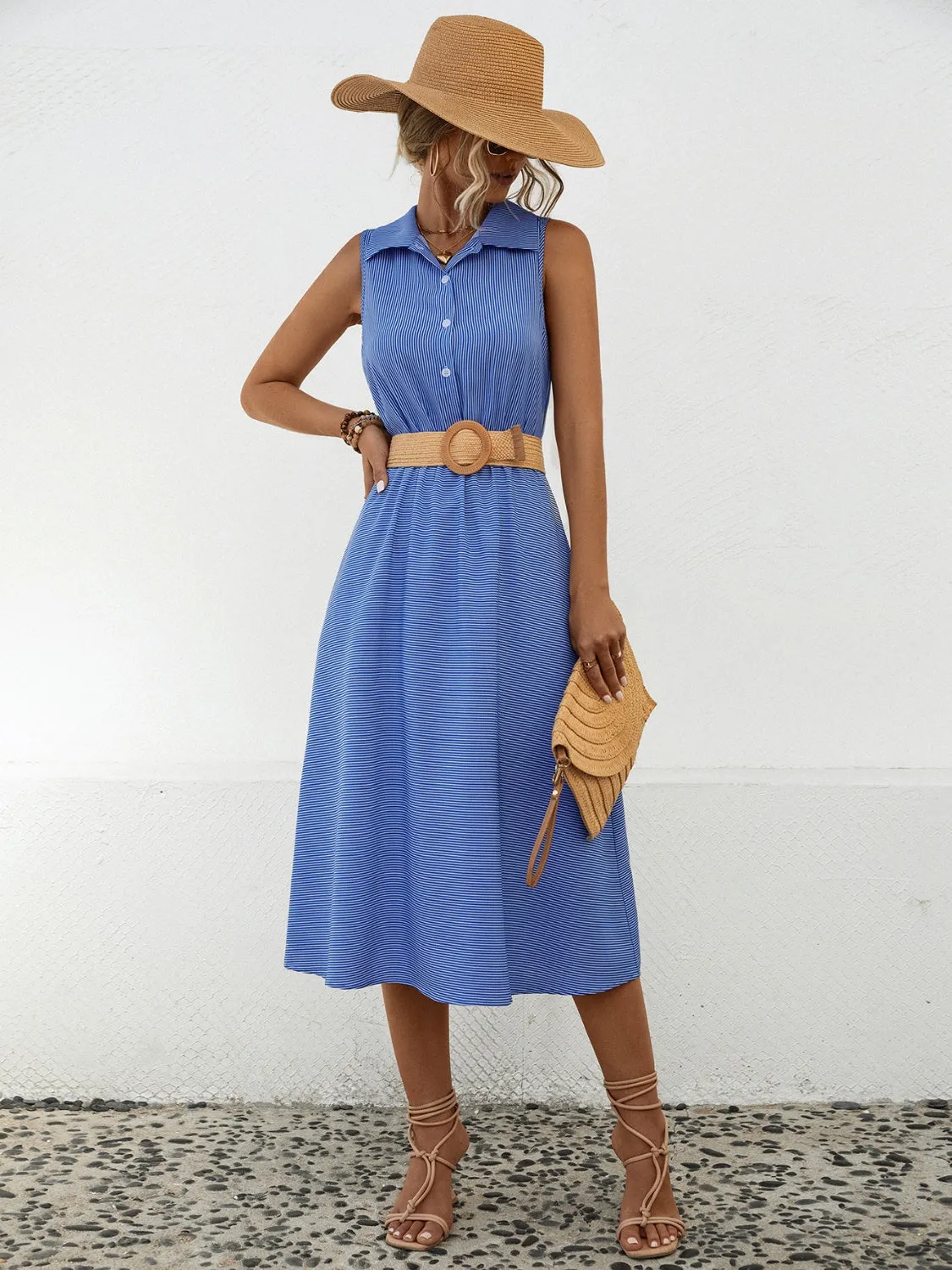 Hazel Blues® |  Striped Collared Neck Sleeveless Midi Dress