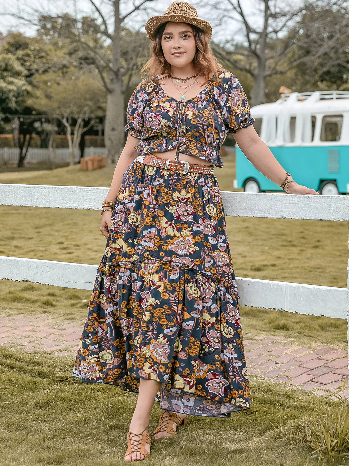 Hazel Blues® | Tie Neck Short Sleeve Top and Skirt Set