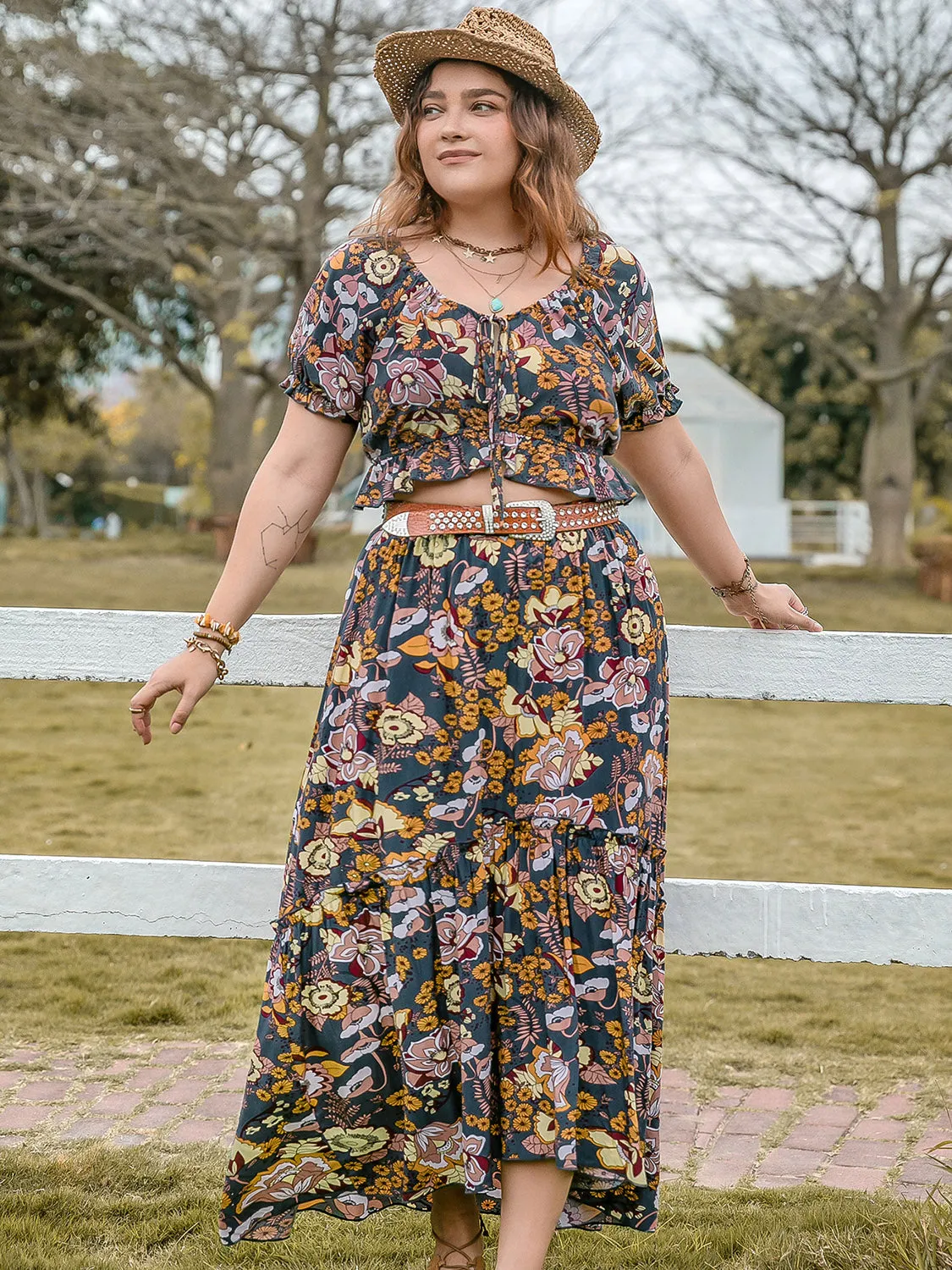 Hazel Blues® | Tie Neck Short Sleeve Top and Skirt Set