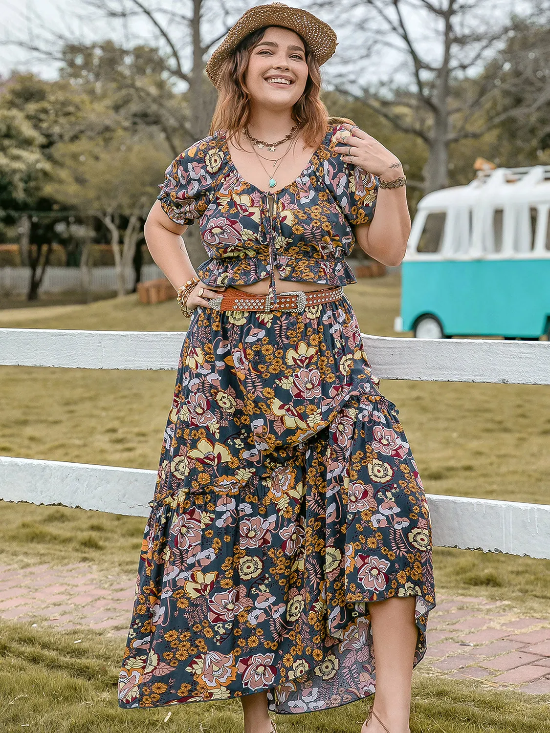 Hazel Blues® | Tie Neck Short Sleeve Top and Skirt Set