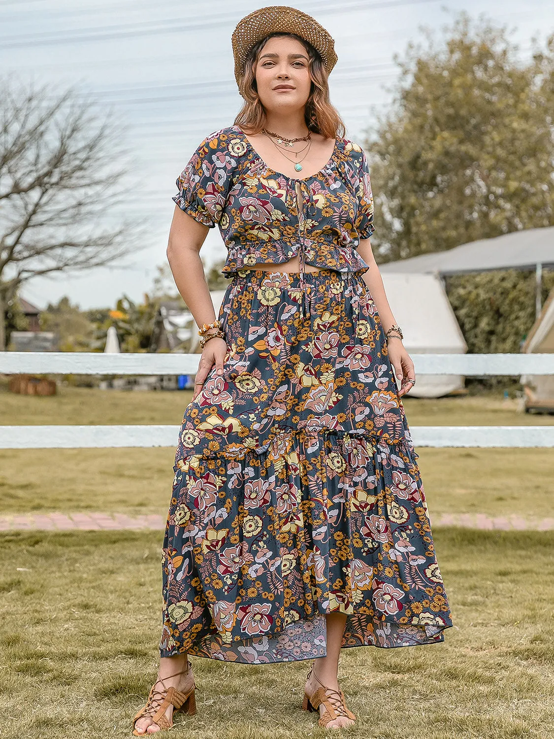 Hazel Blues® | Tie Neck Short Sleeve Top and Skirt Set