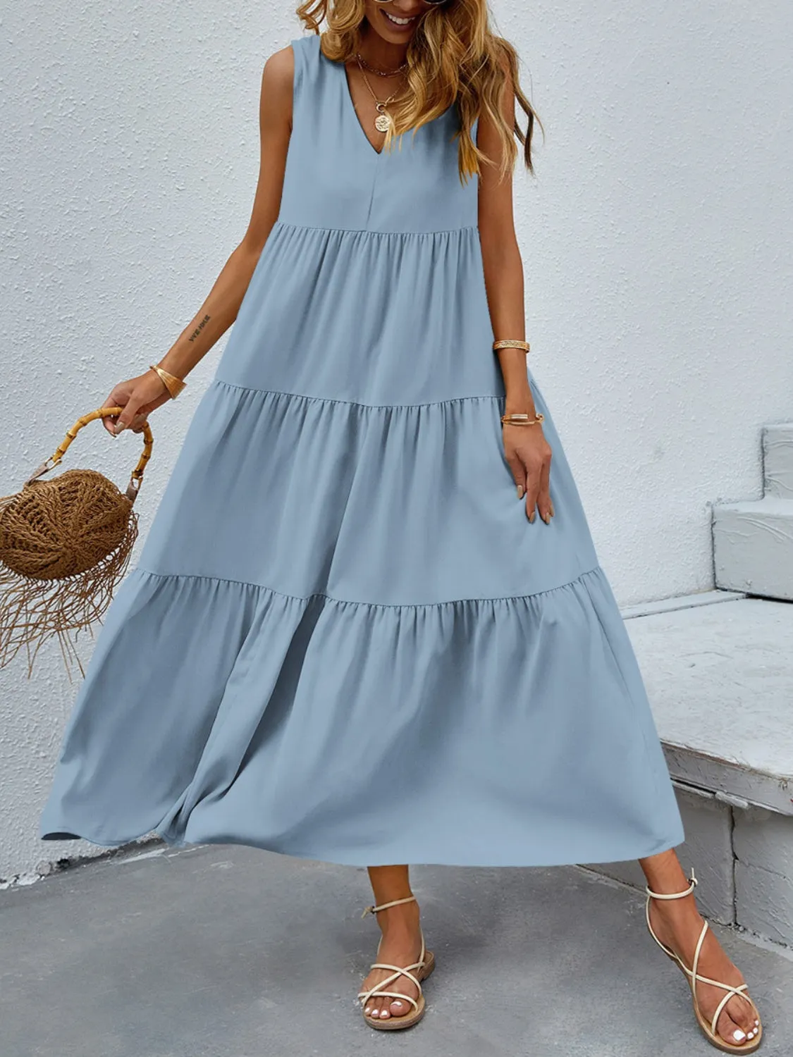 Hazel Blues® |  Tiered V-Neck Sleeve Dress