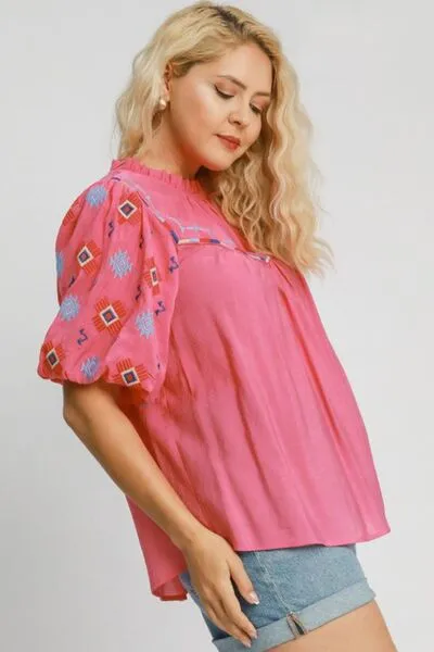 Hazel Blues® | Umgee Embroidered Puff Sleeve Mock Neck Top