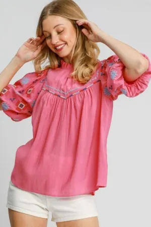 Hazel Blues® | Umgee Embroidered Puff Sleeve Mock Neck Top