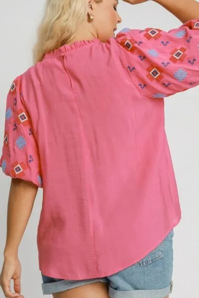 Hazel Blues® | Umgee Embroidered Puff Sleeve Mock Neck Top