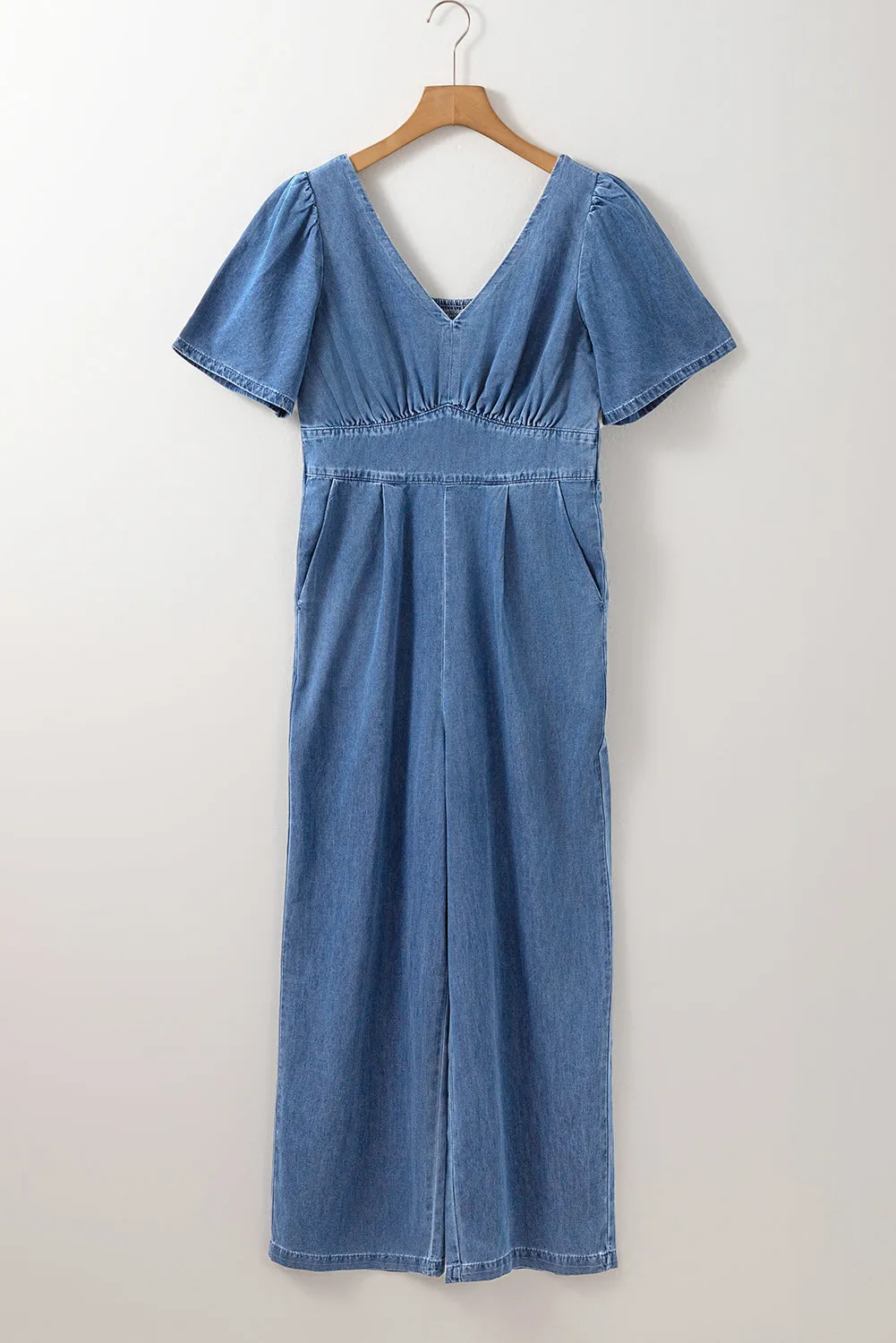 Hazel Blues® |  V Neck Short Sleeve Smocked Back Denim Jumpsuit