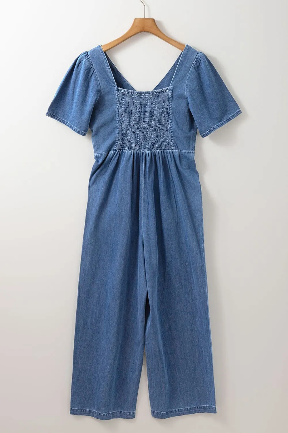 Hazel Blues® |  V Neck Short Sleeve Smocked Back Denim Jumpsuit