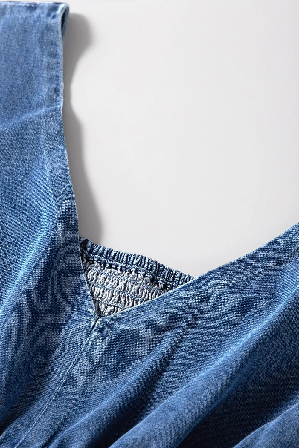 Hazel Blues® |  V Neck Short Sleeve Smocked Back Denim Jumpsuit