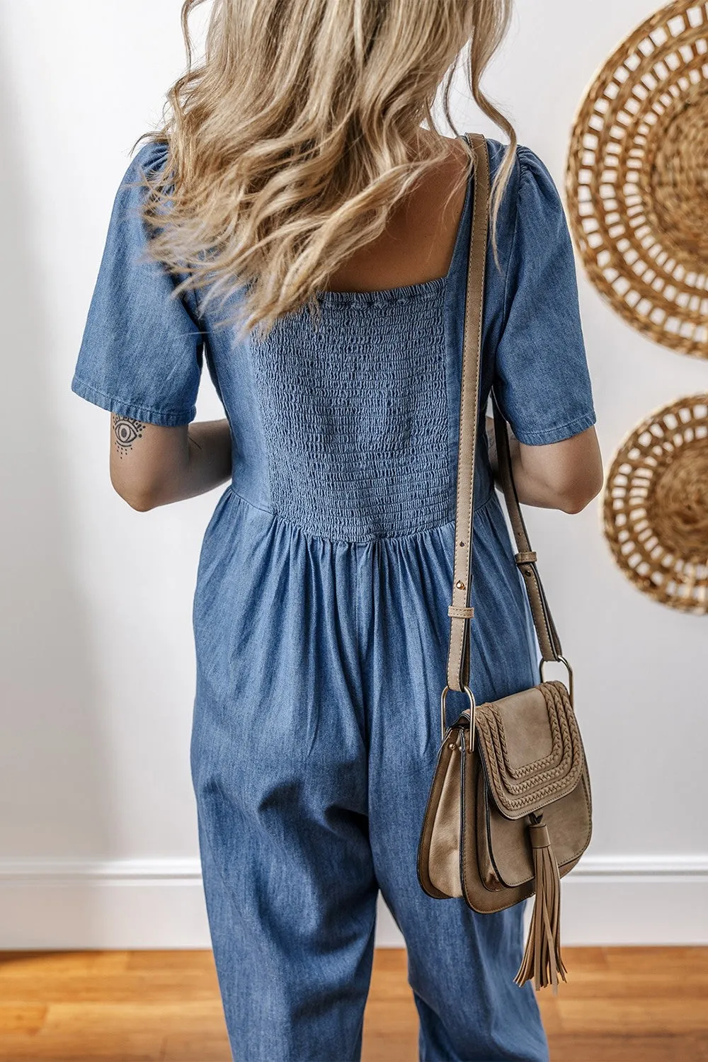 Hazel Blues® |  V Neck Short Sleeve Smocked Back Denim Jumpsuit
